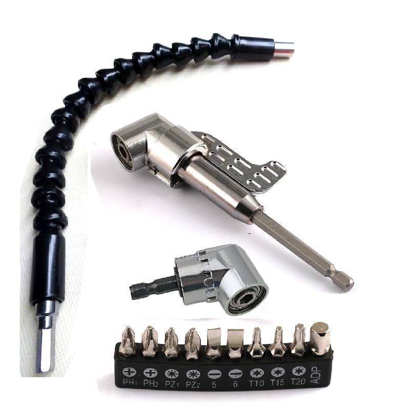 Електрическа ъглова отвертка с удължителна пръчка, гъвкав вал и сменяеми битове