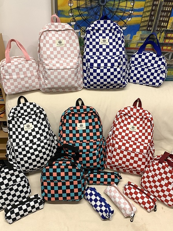 Uniszex iskolai hátizsák — nylon, utcai stílus, rácsos minta, poliészter bélés, vállpántok léggömb párnával, ultra könnyű