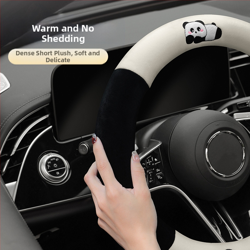 Obal na volant auta - univerzálne prevedenie; umelý plyš; dizajn panda; zimné použitie; protiklizné