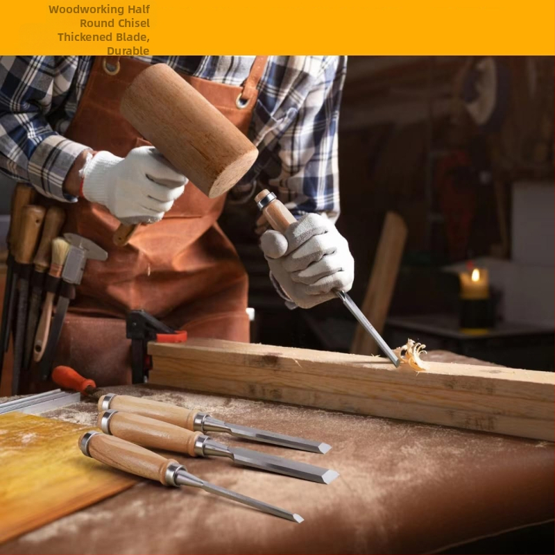 Комплект от 4 полукръгли дърводелски длетета, за дърворезба, глава от инструментална стомана, дървена дръжка, кръгла глава