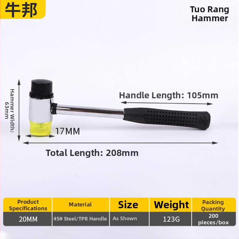 Topo Dye Hammer — guminės galvos plaktukas, plieninis kotas, pritaikytas apdorojimas, naudojimas: augalų plaktavimas ir dažymas