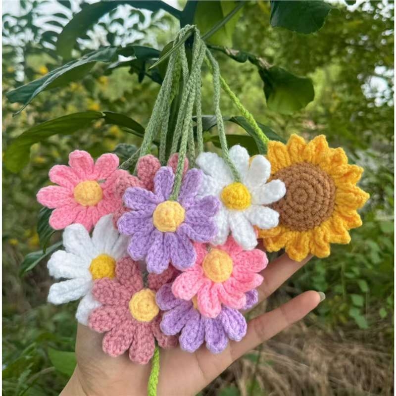 Vilninis mezginys pakabukui į rankinę, su saulėgrąža ir ramunėlių žiedais, japonų stiliaus gėlė, gaivus ir saldus, pavasaris 2025