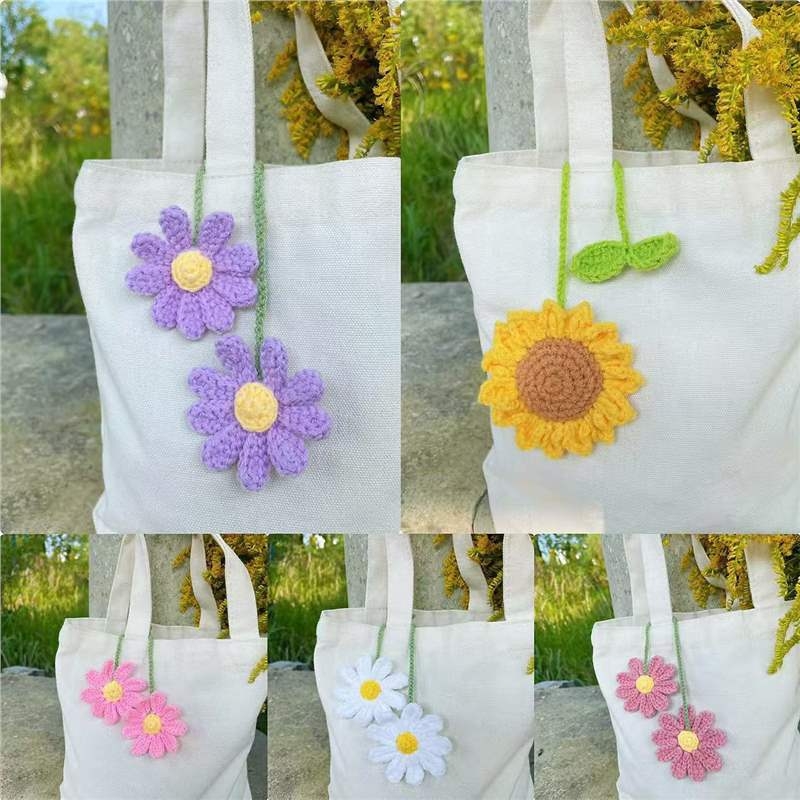 Vilninis mezginys pakabukui į rankinę, su saulėgrąža ir ramunėlių žiedais, japonų stiliaus gėlė, gaivus ir saldus, pavasaris 2025