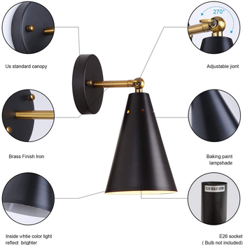 Λαμπτήρας τοίχου με σιδερένιο σκίαστρο — 110V, υποδοχή E26, διάρκεια ζωής 20.000 ωρών