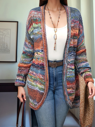 Kötött kardigán akrilból, csíkos mintázat, lazán szabott, hosszú ujjú, középméretű