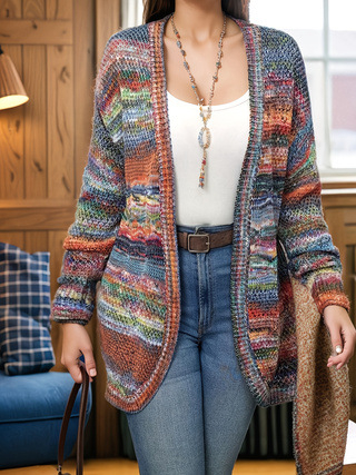 Kötött kardigán akrilból, csíkos mintázat, lazán szabott, hosszú ujjú, középméretű