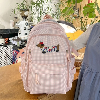 Σακίδιο από νάιλον με χαριτωμένο κεντημένο κουτάβι, καρό σχέδιο, αδιάβροχο, χωρητικότητα 20–35 L, για φορητό 16 ιντσών