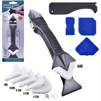 Шпатула-скрепер за фуги с ъглов дизайн; Материал: пластмаса + метал; Модел: комплект скрепери; Област на приложение: фугиране и довършване; Персонализирана обработка: да; Възможност за частна марка: да
