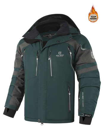 Ανδρικό αθλητικό μπουφάν σκι με παχιά βαμβακερή επένδυση, κουκούλα, εξωτερικό ύφασμα πολυεστέρα, επένδυση πολυεστέρα — εφαρμοστός