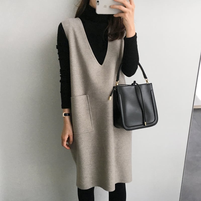 Rochie-vestă din lână, guler rotund, fustă lungă, țesătură poliester, stil elegant pentru birou