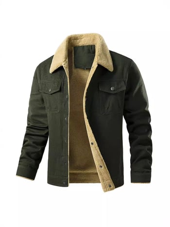 Férfi pamut kabát fleece béléssel, vastag téli viselet, utcai stílus, reveres gallér, testhez igazodó szabás, egy soros záródás, több zseb