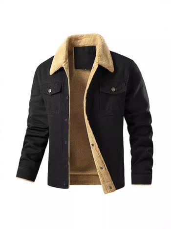 Férfi pamut kabát fleece béléssel, vastag téli viselet, utcai stílus, reveres gallér, testhez igazodó szabás, egy soros záródás, több zseb