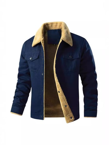 Férfi pamut kabát fleece béléssel, vastag téli viselet, utcai stílus, reveres gallér, testhez igazodó szabás, egy soros záródás, több zseb