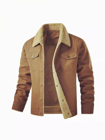 Férfi pamut kabát fleece béléssel, vastag téli viselet, utcai stílus, reveres gallér, testhez igazodó szabás, egy soros záródás, több zseb