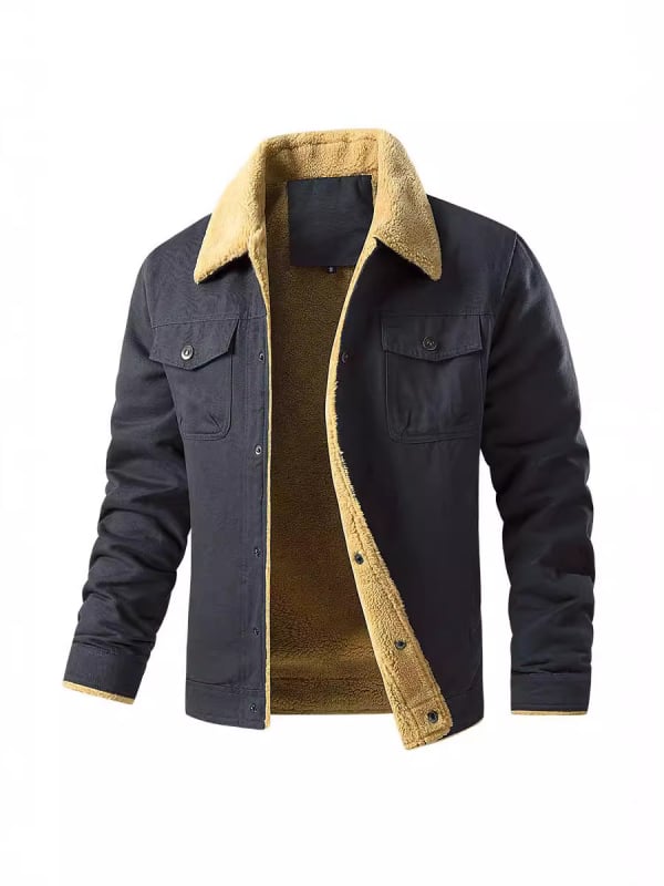 Férfi pamut kabát fleece béléssel, vastag téli viselet, utcai stílus, reveres gallér, testhez igazodó szabás, egy soros záródás, több zseb