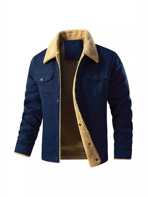 Férfi pamut kabát fleece béléssel, vastag téli viselet, utcai stílus, reveres gallér, testhez igazodó szabás, egy soros záródás, több zseb