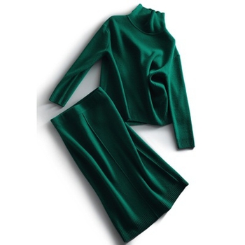 Σετ πλεκτού πουλόβερ και φούστας, μονόχρωμο σχέδιο, πάνελ ραφής, πολυεστερικός ύφασμα, μακριά μανίκια, φούστα midi