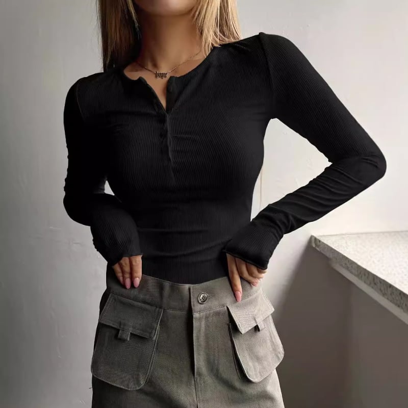 Top tricotat ribat pentru femei, decolteu în V cu nasturi, Slim fit, mâneci lungi, amestec poliester-elastan
