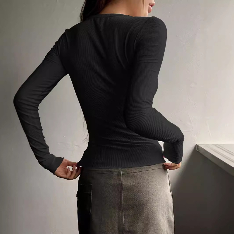 Top tricotat ribat pentru femei, decolteu în V cu nasturi, Slim fit, mâneci lungi, amestec poliester-elastan