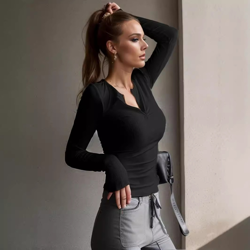 Top tricotat ribat pentru femei, decolteu în V cu nasturi, Slim fit, mâneci lungi, amestec poliester-elastan