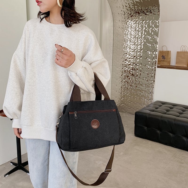 Drobės crossbody rankinė su užtrauktuku, poliesterio įdaila, horizontalaus kvadrato formos, vidinė telefono kišenė