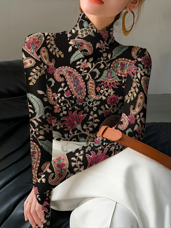 Sieviešu top ar pussaugstu apkakli, garas piedurknes, poliesteris audums, apdruka, rudens 2024