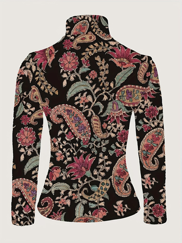 Sieviešu top ar pussaugstu apkakli, garas piedurknes, poliesteris audums, apdruka, rudens 2024