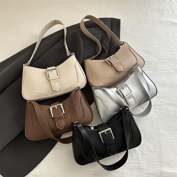 Αστική PU τσάντα ώμου με φερμουάρ και μυστικό εσωτερικό τσεπάκι, οριζόντιο τετράγωνο σχήμα, επένδυση από νάιλον, μία ιμάντα, φθινόπωρο 2024