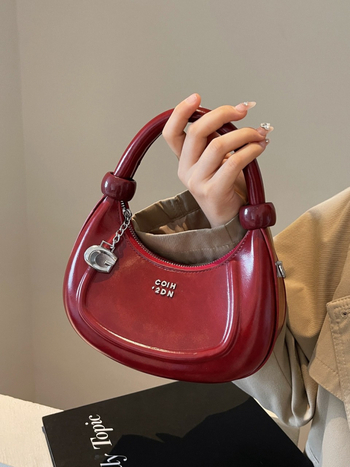 Geantă semilună PU, formă ovală, închidere cu fermoar, buzunar interior cu fermoar