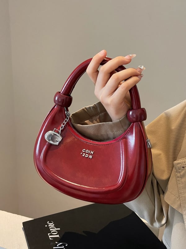 Geantă semilună PU, formă ovală, închidere cu fermoar, buzunar interior cu fermoar