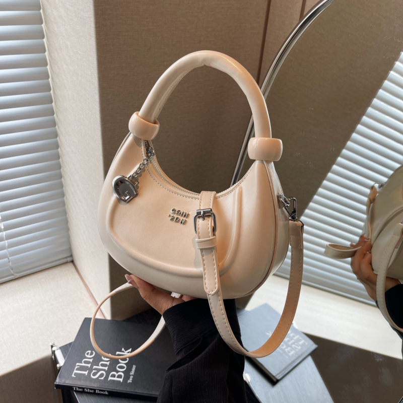 Geantă semilună PU, formă ovală, închidere cu fermoar, buzunar interior cu fermoar