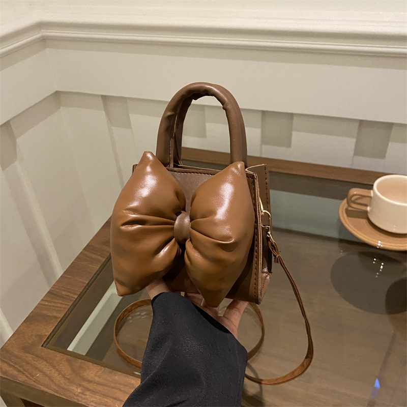 Geantă de mână mini, cu funda, în stil urban simplu, din PU, formă pătrată orizontală, deschidere deschisă, fără căptușeală, curea de umăr simplă