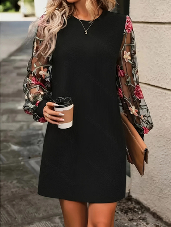 Φόρεμα τύπου πουλόβερ, πολυεστέρας, μεσαίο μήκος Α-γραμμή, στρογγυλός λαιμός, μακριά μανίκια