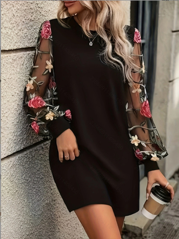 Пуловер рокля, полиестер, средно дълга A-линия, кръгло деколте, дълги ръкави