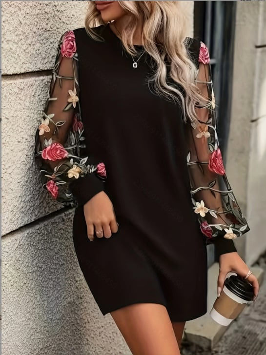 Пуловер рокля, полиестер, средно дълга A-линия, кръгло деколте, дълги ръкави