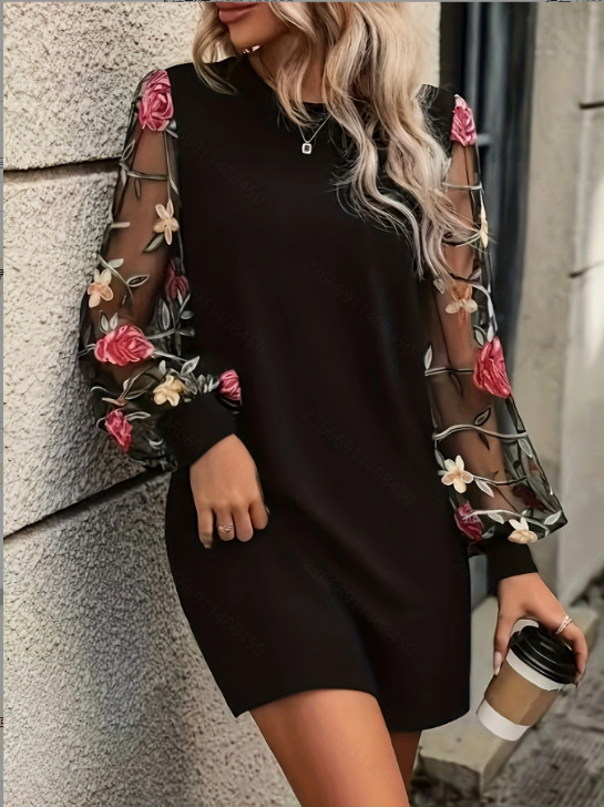 Пуловер рокля, полиестер, средно дълга A-линия, кръгло деколте, дълги ръкави