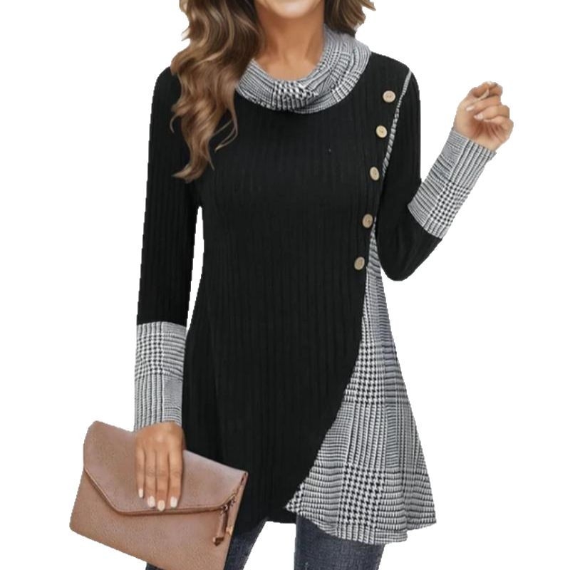 Top de damă cu mâneci lungi, guler pile, model în carouri, design colaj-splice, poliester