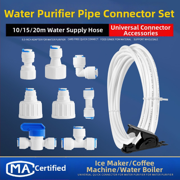 Vandens valymo jungtis vamzdžių filtracijai – maisto kokybės POM, 2 PE vamzdeliai, tinkama ledų gamintojui, kavos aparatėlei ir karšto vandens šildytuvui