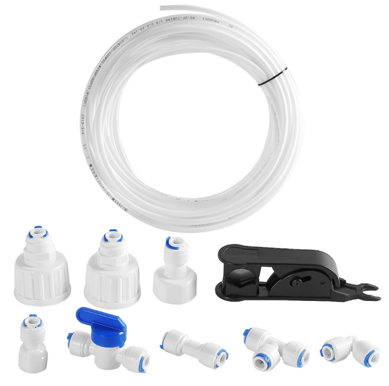 Vandens valymo jungtis vamzdžių filtracijai – maisto kokybės POM, 2 PE vamzdeliai, tinkama ledų gamintojui, kavos aparatėlei ir karšto vandens šildytuvui