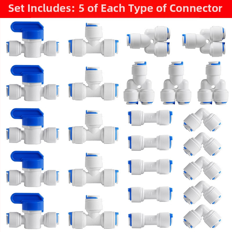 Свързвач за водоочистител за тръбопроводна филтрация – хранително‑клас ПОМ, 2 PE тръби, подходящ за ледогенератор, кафе машина и бойлер