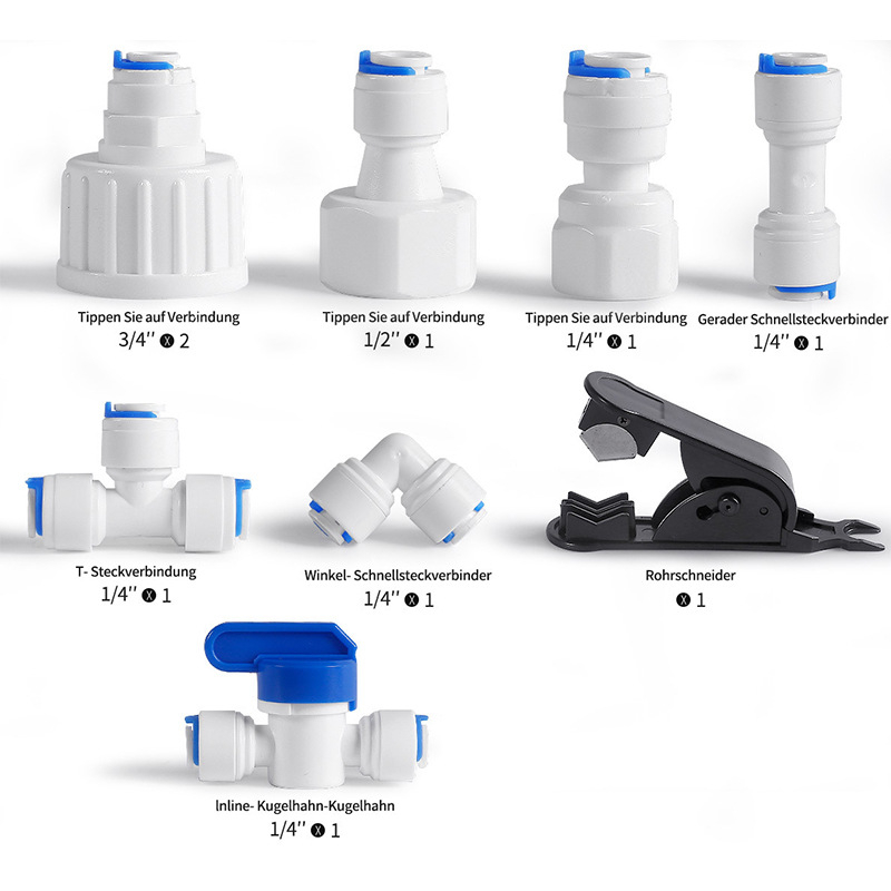 Vandens valymo jungtis vamzdžių filtracijai – maisto kokybės POM, 2 PE vamzdeliai, tinkama ledų gamintojui, kavos aparatėlei ir karšto vandens šildytuvui