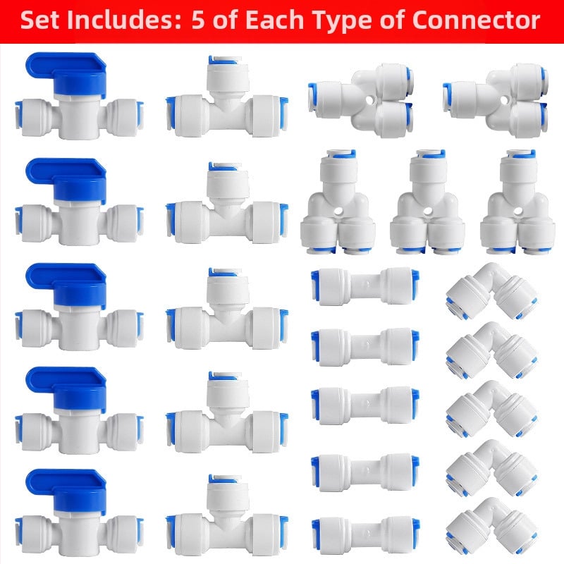 Vandens valymo jungtis vamzdžių filtracijai – maisto kokybės POM, 2 PE vamzdeliai, tinkama ledų gamintojui, kavos aparatėlei ir karšto vandens šildytuvui