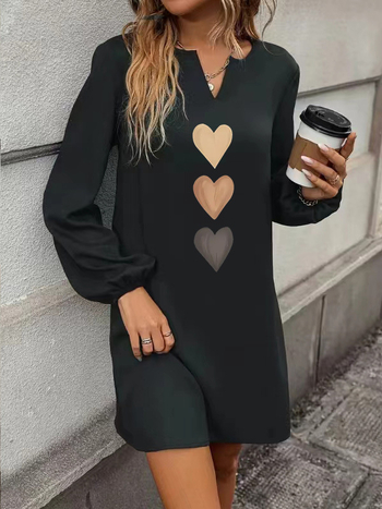 Φόρεμα με V-λαιμό, μακριά μανίκια, εκτύπωση, midi A-line, πολυεστέρας με τετραπλής ελαστικότητας