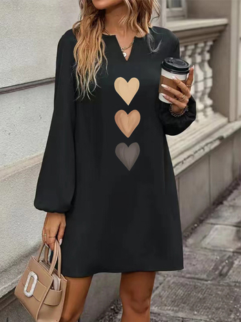 Φόρεμα με V-λαιμό, μακριά μανίκια, εκτύπωση, midi A-line, πολυεστέρας με τετραπλής ελαστικότητας