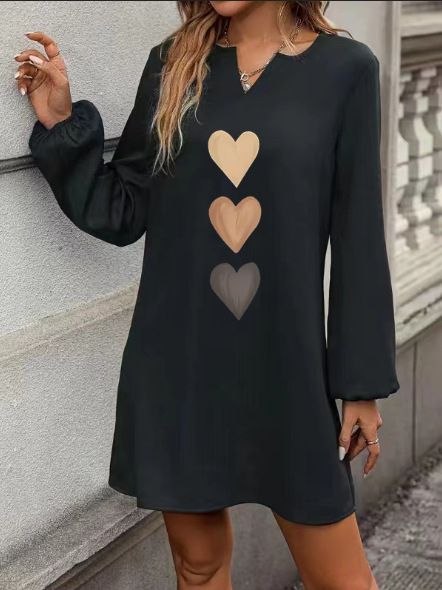 Rochie midi cu decolteu în V, mâneci lungi, imprimeu, croială A-line, poliester cu elasticitate în patru direcții