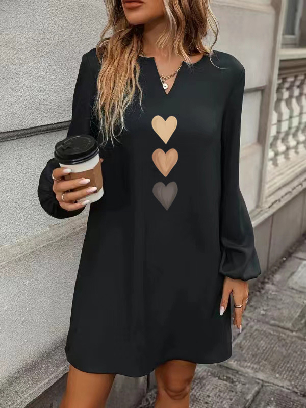 Rochie midi cu decolteu în V, mâneci lungi, imprimeu, croială A-line, poliester cu elasticitate în patru direcții