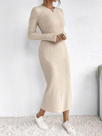 Φθινοπωρινό 2024 μακρύ πλεκτό φόρεμα με σκίσιμο, μακριά μανίκια, στρογγυλή λαιμόκοψη, πολυεστέρας