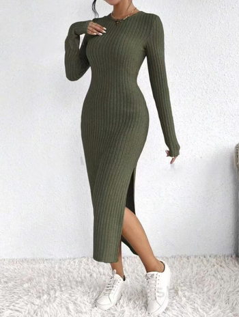 Φθινοπωρινό 2024 μακρύ πλεκτό φόρεμα με σκίσιμο, μακριά μανίκια, στρογγυλή λαιμόκοψη, πολυεστέρας