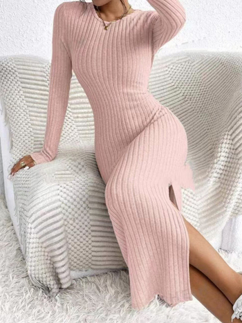 Φθινοπωρινό 2024 μακρύ πλεκτό φόρεμα με σκίσιμο, μακριά μανίκια, στρογγυλή λαιμόκοψη, πολυεστέρας