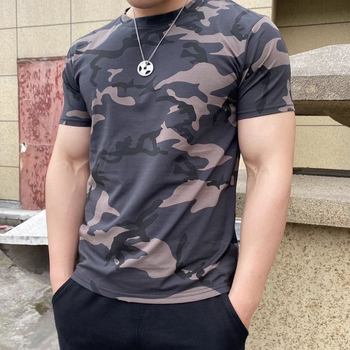 Μπλουζάκι από ice silk με καμουφλαρισμένο print, κοντά μανίκια, στρογγυλή λαιμόκοψη, αναπνεύσιμο